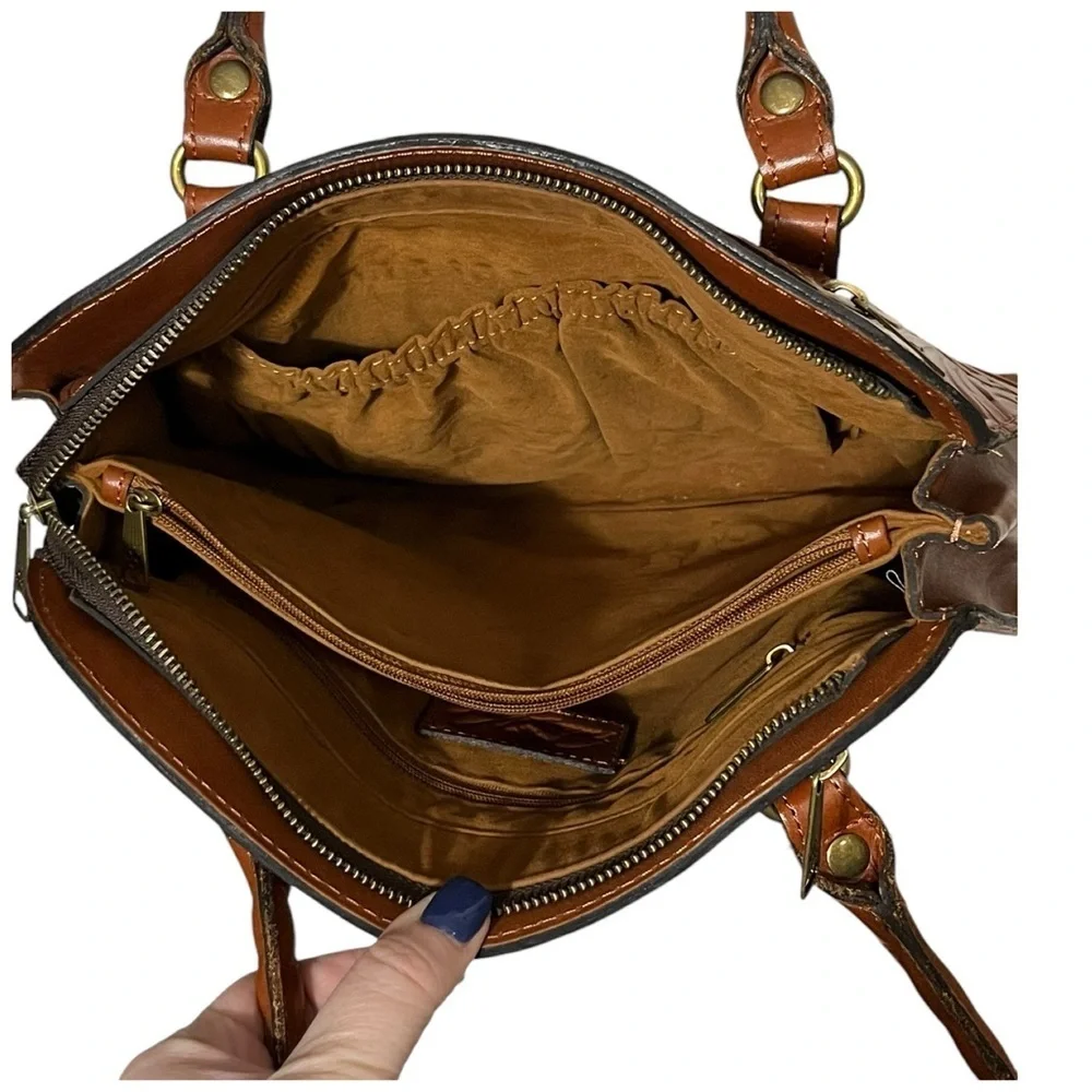 Patricia Nash Calvi Tooled Leather Satchel Tan